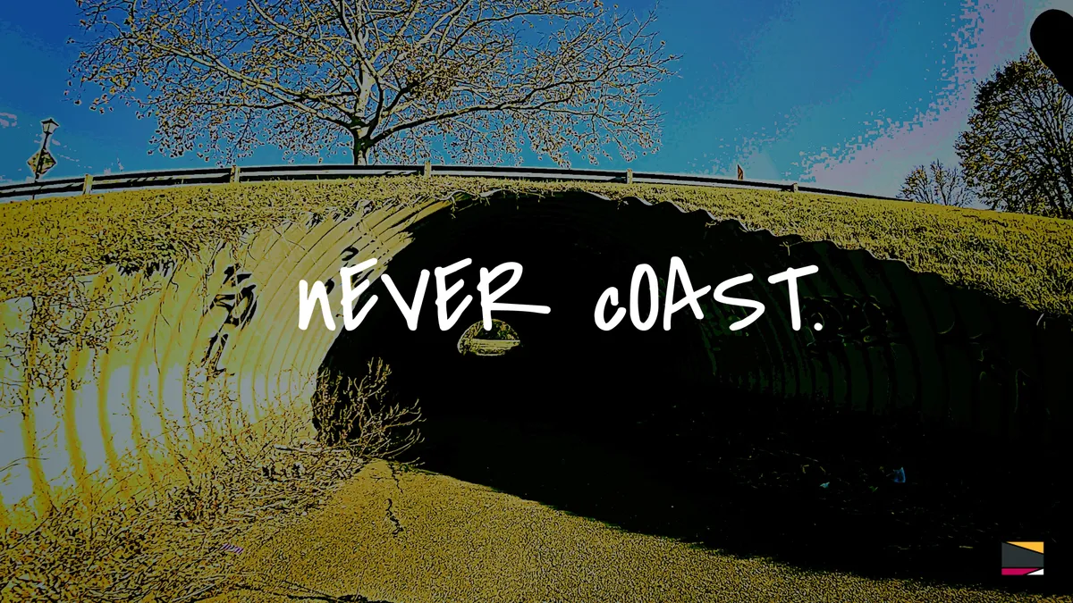 GoPro fisheye view looking up at a stone bridge arch, color-graded in teal and gold, with nEVER cOAST. overlay — key visual art for the EP by Samu=L